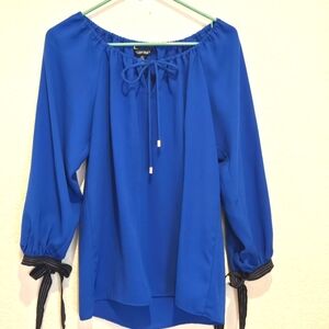 Ellen Tracy Sm Blouse Royal Blue BOHO rouched accent 3/4 balloon sleeves w/ties